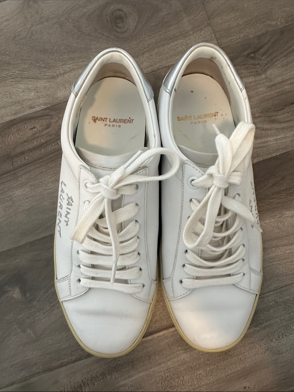 Saint Laurent White Leather Lace-Up Low-Top Sneakers with Silver Heel Tab